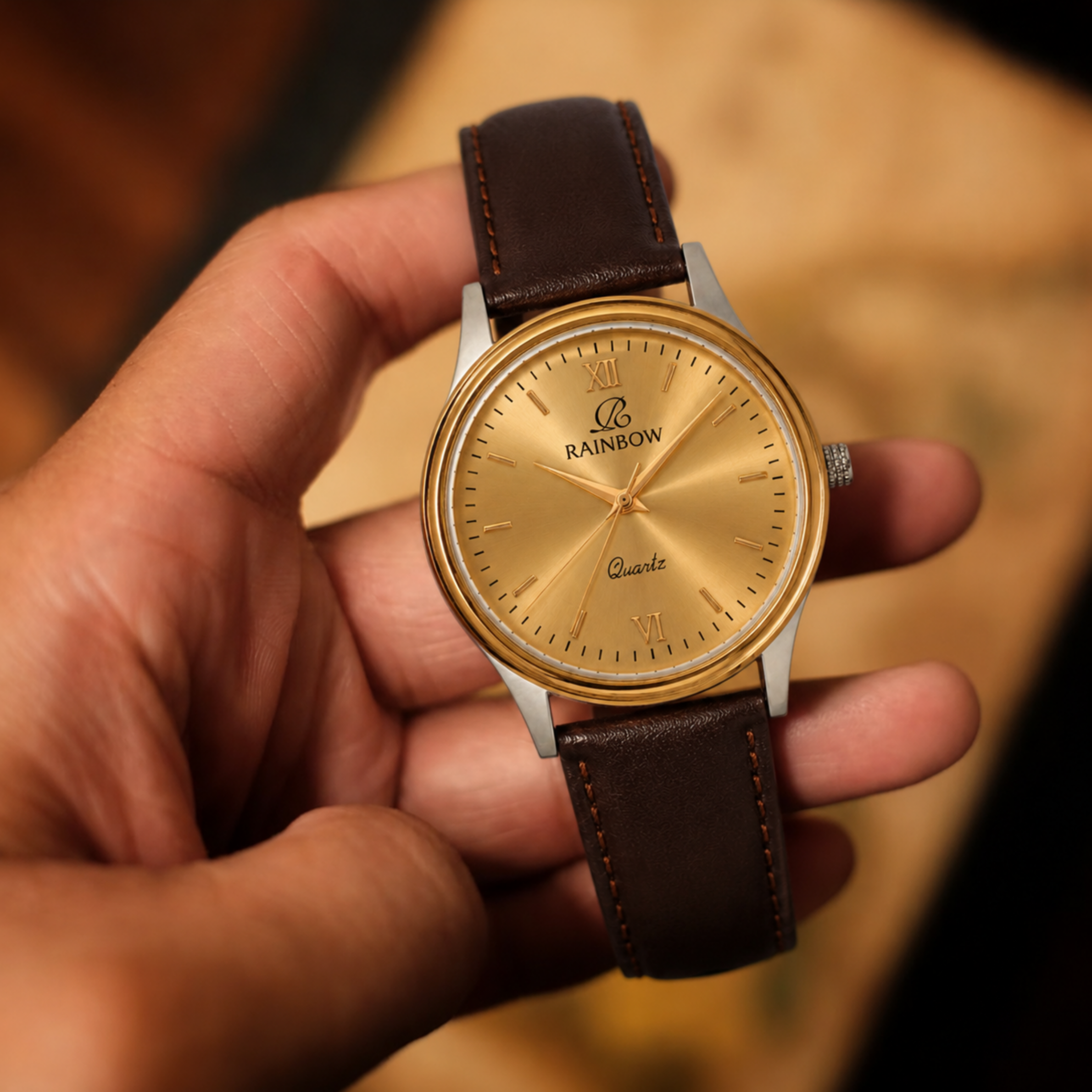 Rainbow Classic Men’s Gold Dial Brown Leather Strap Watch