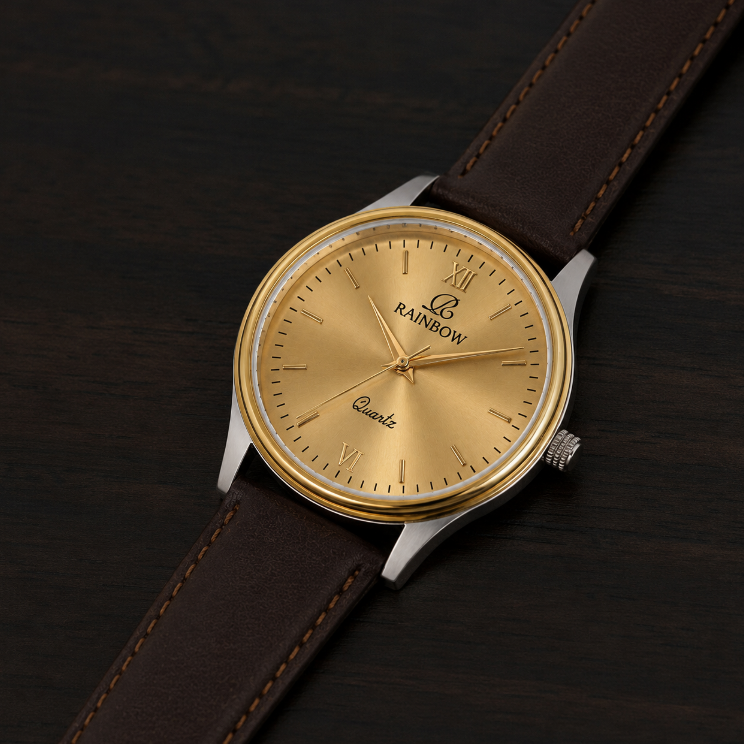 Rainbow Classic Men’s Gold Dial Brown Leather Strap Watch