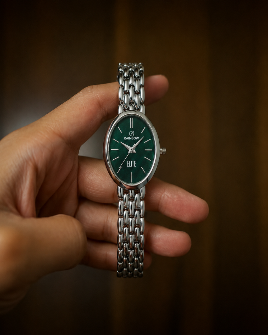 Rainbow Classic Elite – Silver Oval Dial Women’s Watch (Green Dial)