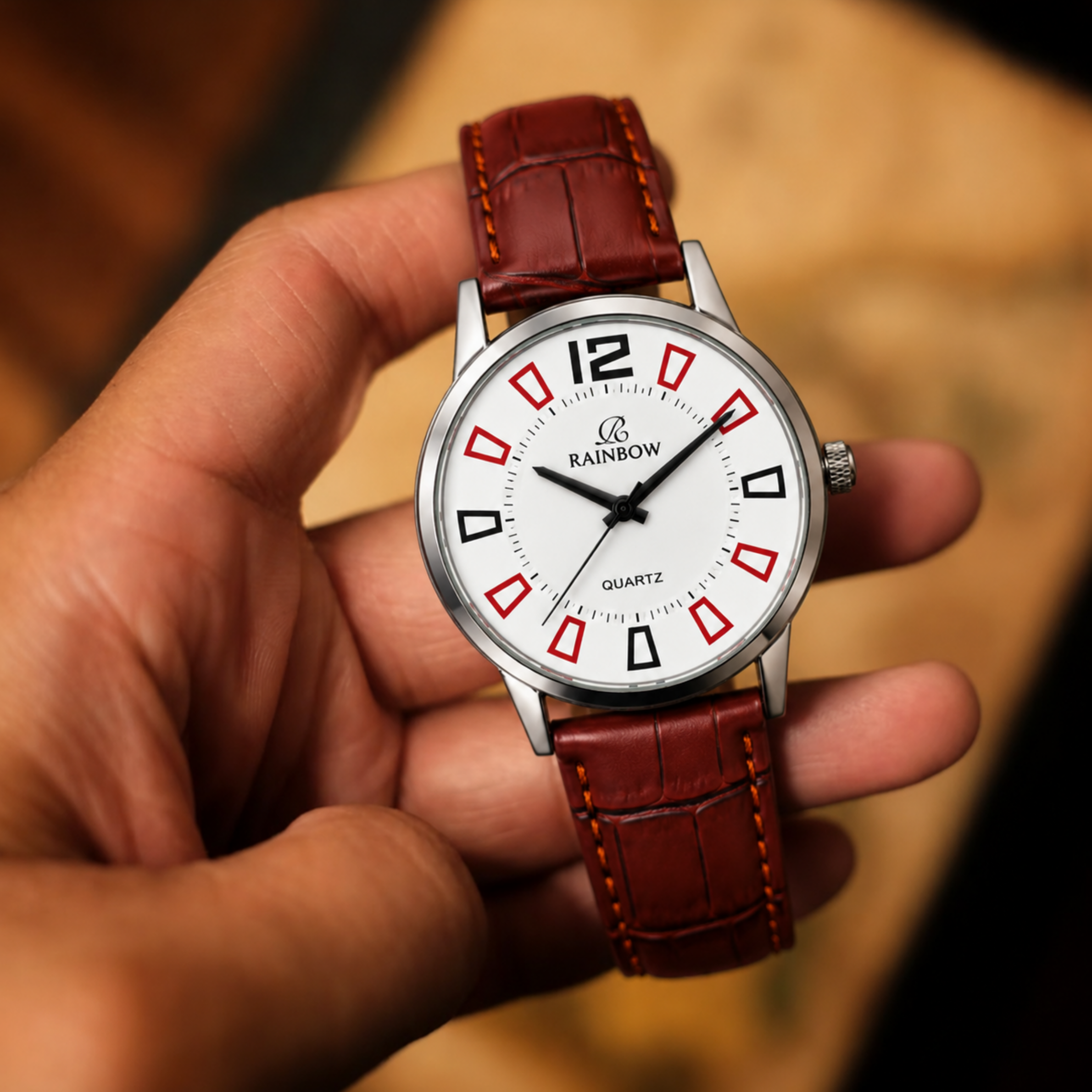 Rainbow Classic Men’s White Dial Brown Leather Strap Watch