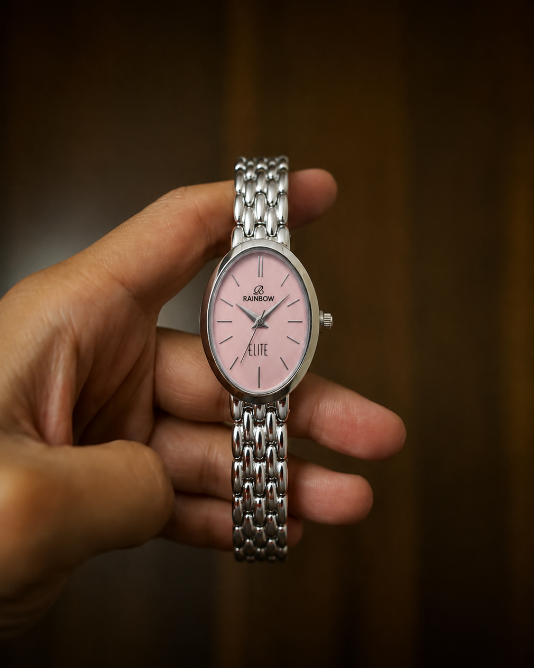 Rainbow Classic Elite – Silver Oval Dial Women’s Watch (Pink Dial)