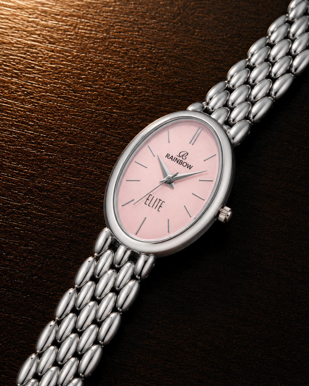 Rainbow Classic Elite – Silver Oval Dial Women’s Watch (Pink Dial)