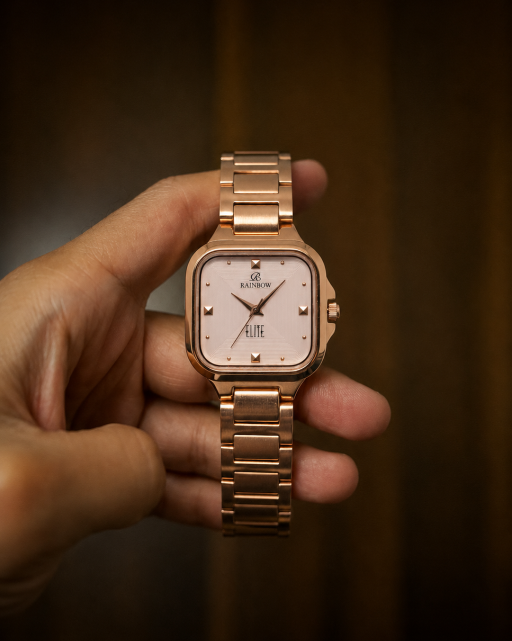 Rectangular Rose-Gold Watch – Pink Dial