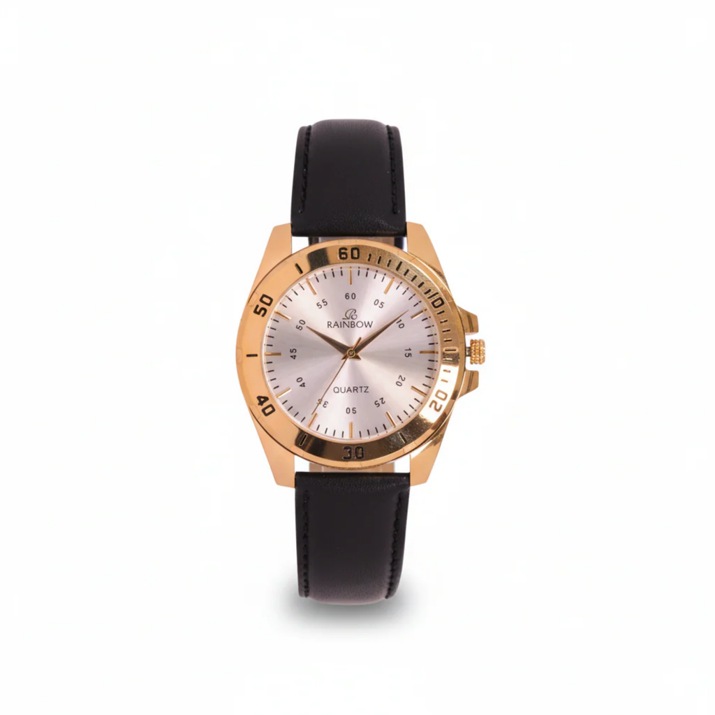Rainbow Premium Men’s White Dial Gold Case Leather Strap Watch