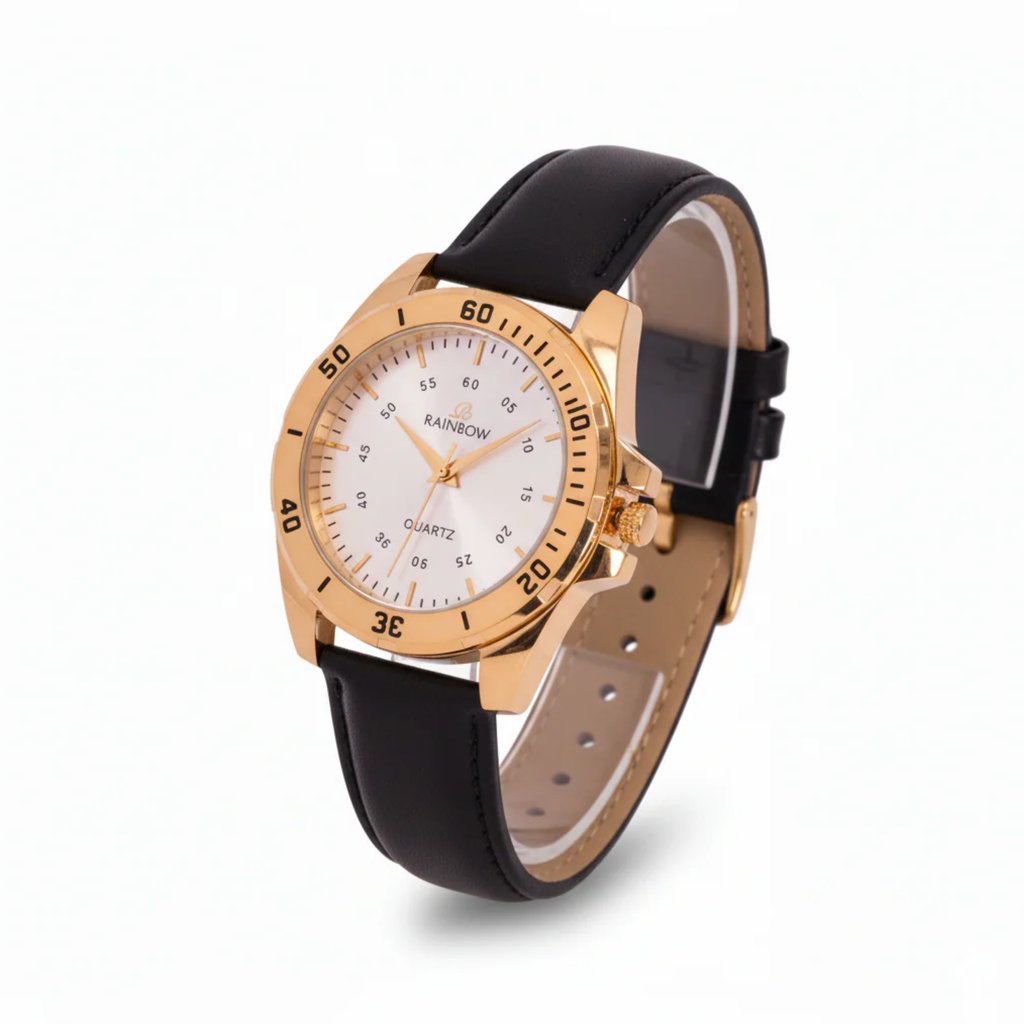 Rainbow Premium Men’s White Dial Gold Case Leather Strap Watch