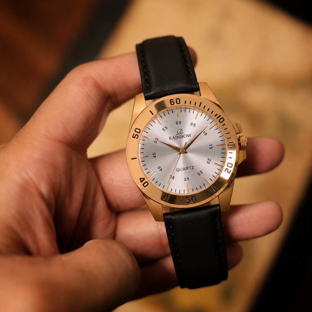 Rainbow Premium Men’s White Dial Gold Case Leather Strap Watch