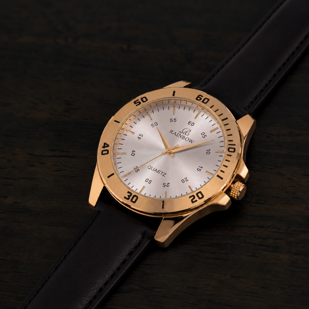 Rainbow Premium Men’s White Dial Gold Case Leather Strap Watch
