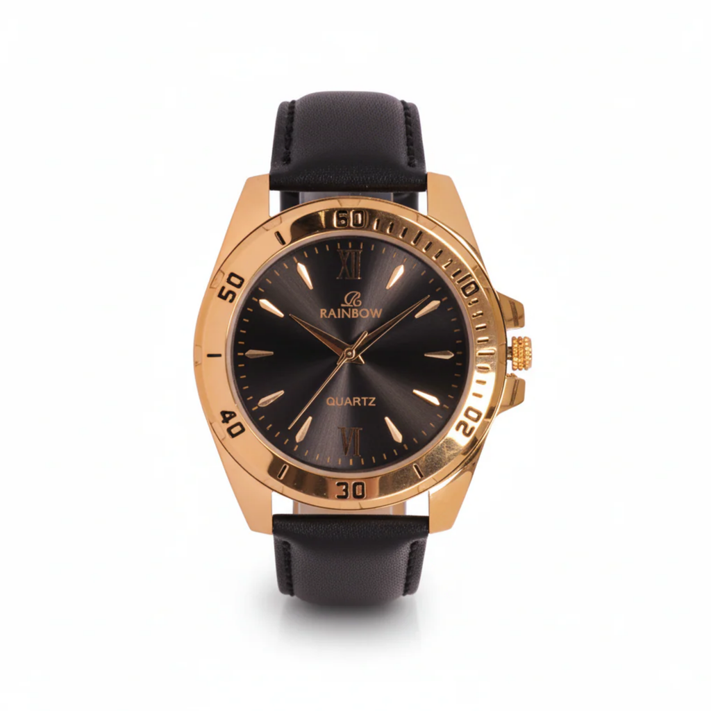 Rainbow Premium Men’s Black Dial Gold Case Leather Strap Watch