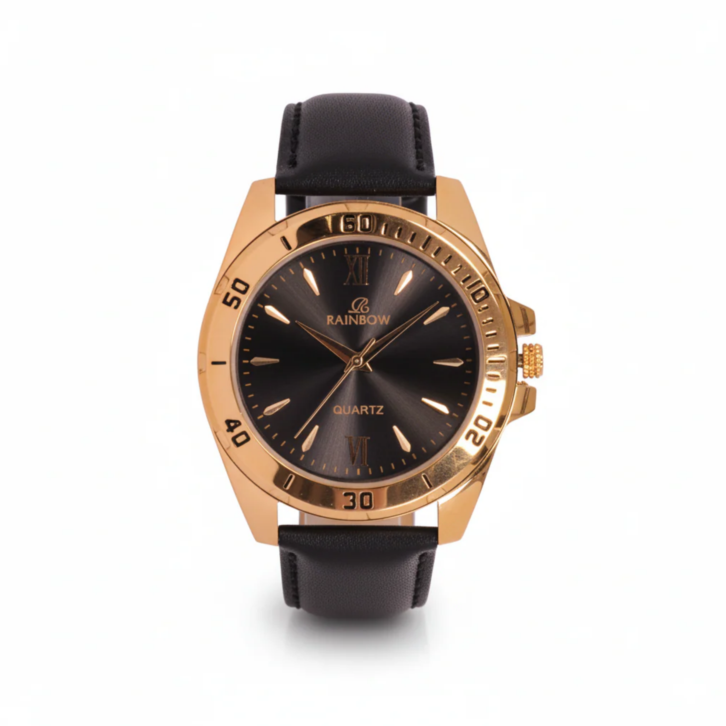 Rainbow Premium Men’s Black Dial Gold Case Leather Strap Watch