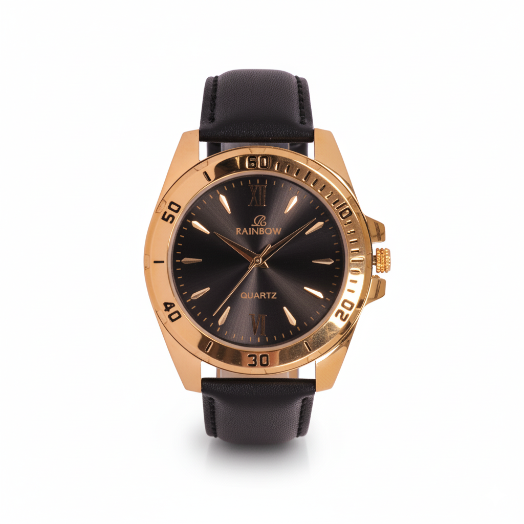 Rainbow Premium Men’s Black Dial Gold Case Leather Strap Watch