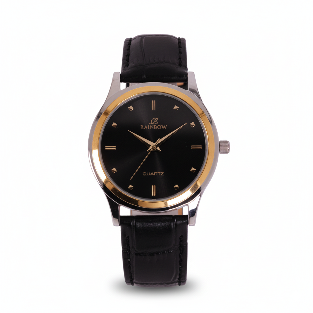 Rainbow Classic Men’s Black Dial Gold Case Black Leather Strap Watch