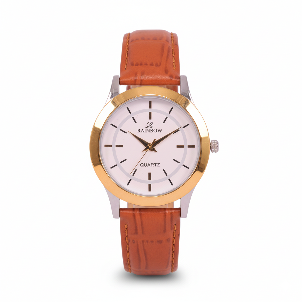 Rainbow Classic Gold White Dial Brown Strap Watch