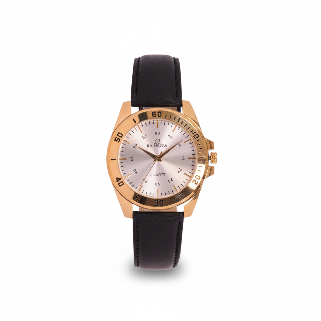 Rainbow Premium Men’s White Dial Gold Case Leather Strap Watch