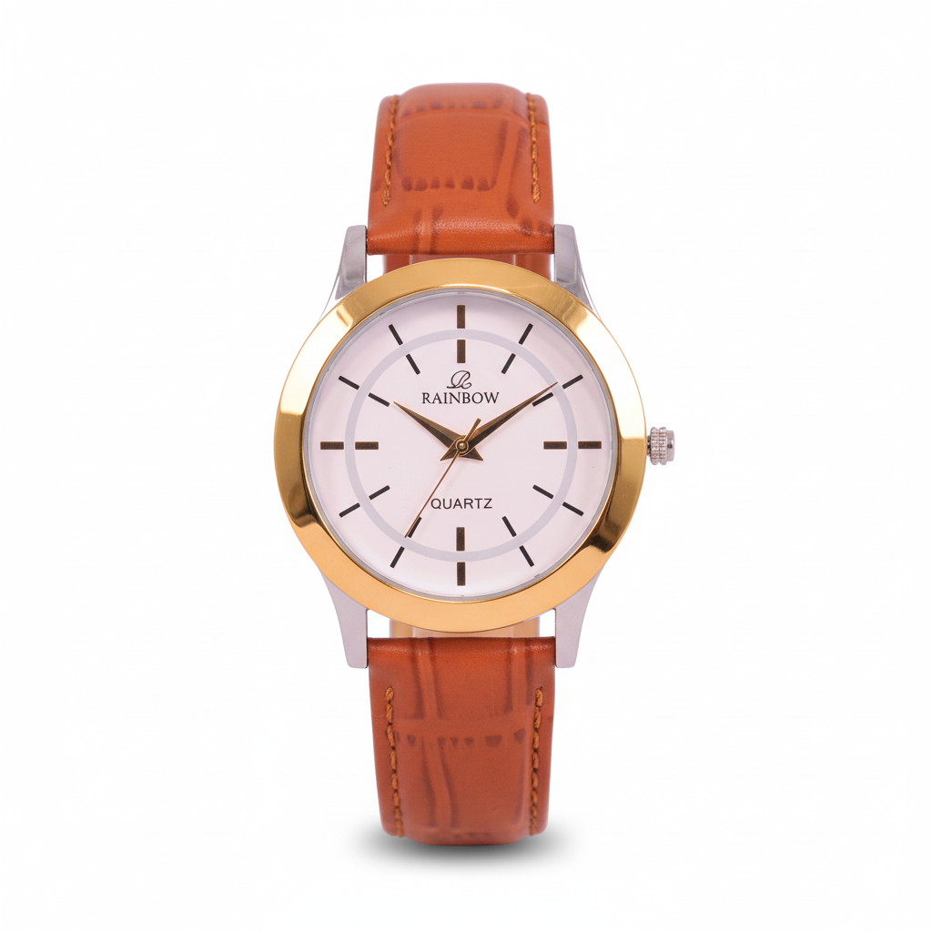 Rainbow Classic Men’s White Dial Gold Case Brown Leather Strap Watch