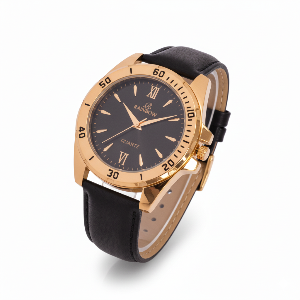 Rainbow Premium Men’s Black Dial Gold Case Leather Strap Watch