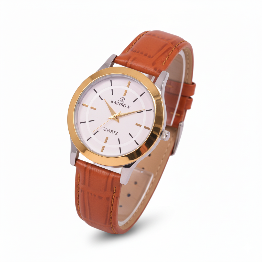 Rainbow Classic Gold White Dial Brown Strap Watch