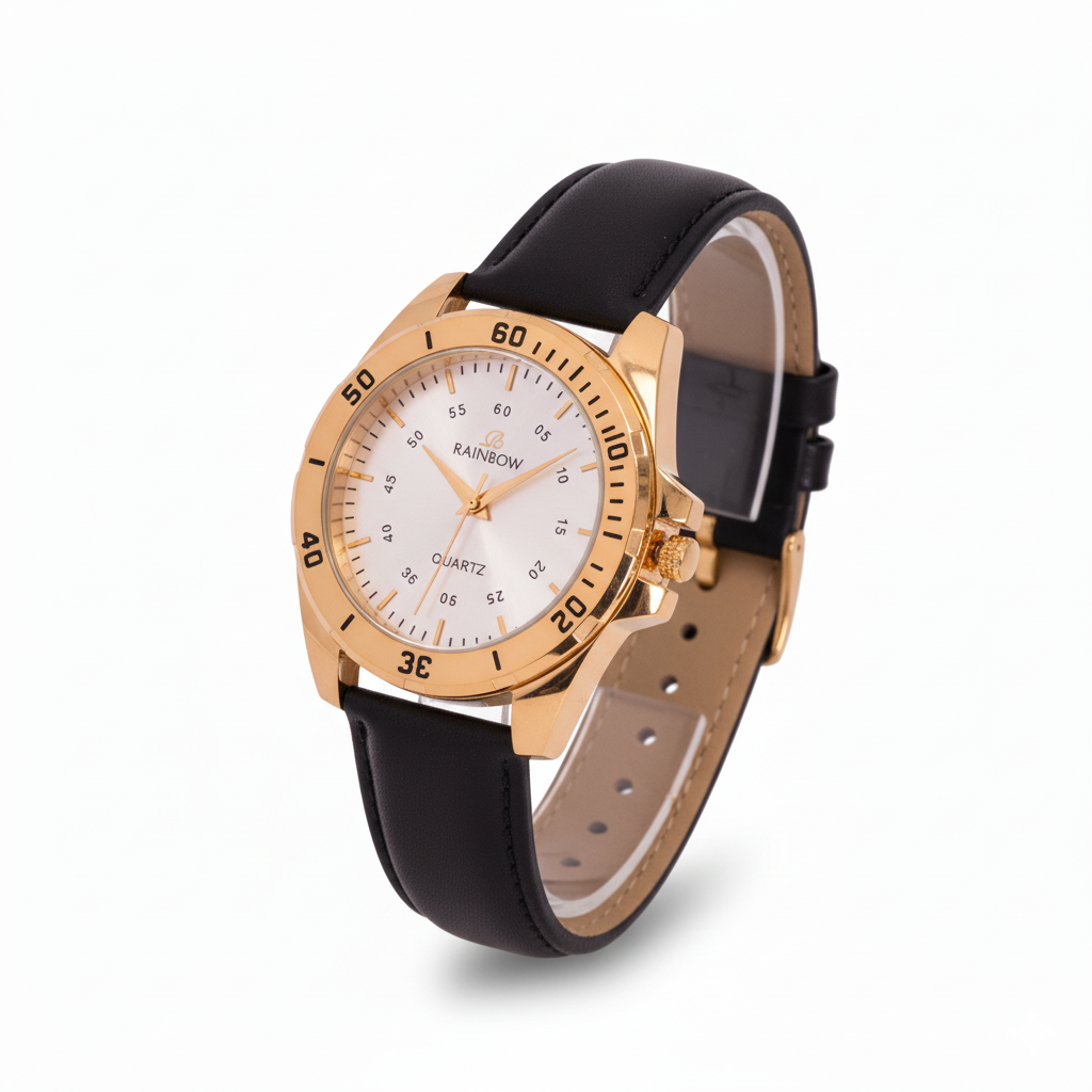 Rainbow Premium Men’s White Dial Gold Case Leather Strap Watch