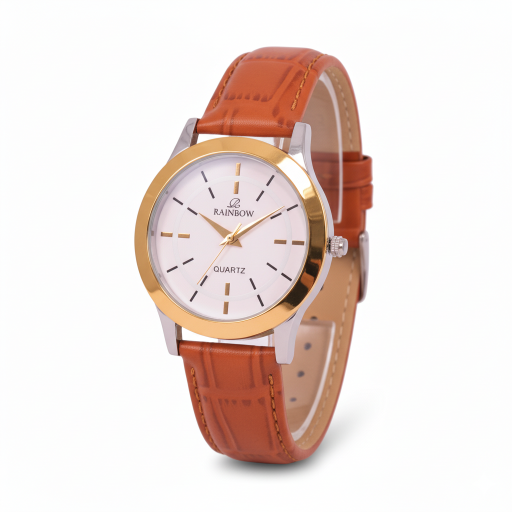 Rainbow Classic Men’s White Dial Gold Case Brown Leather Strap Watch