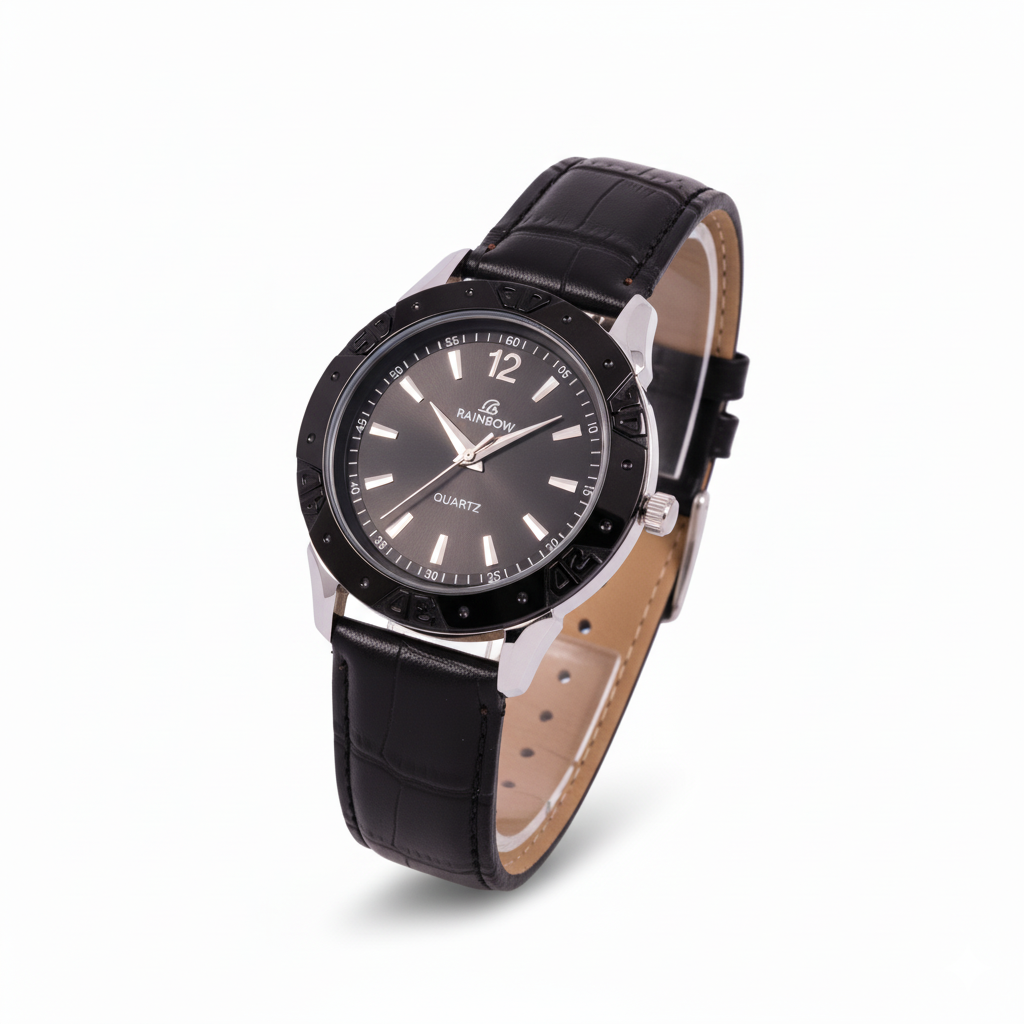 Rainbow Classic Black Dial Leather Strap Men’s Watch