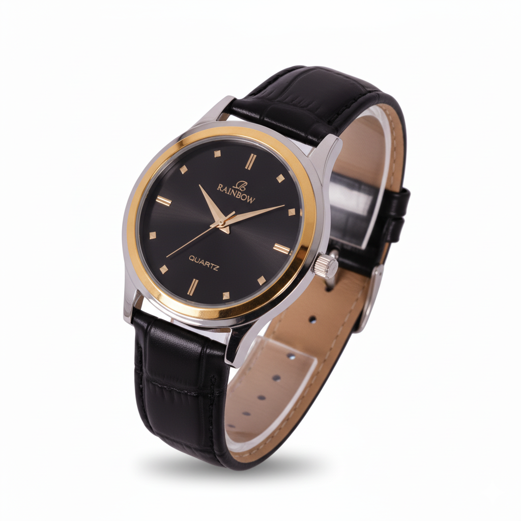 Rainbow Classic Men’s Black Dial Gold Case Black Leather Strap Watch