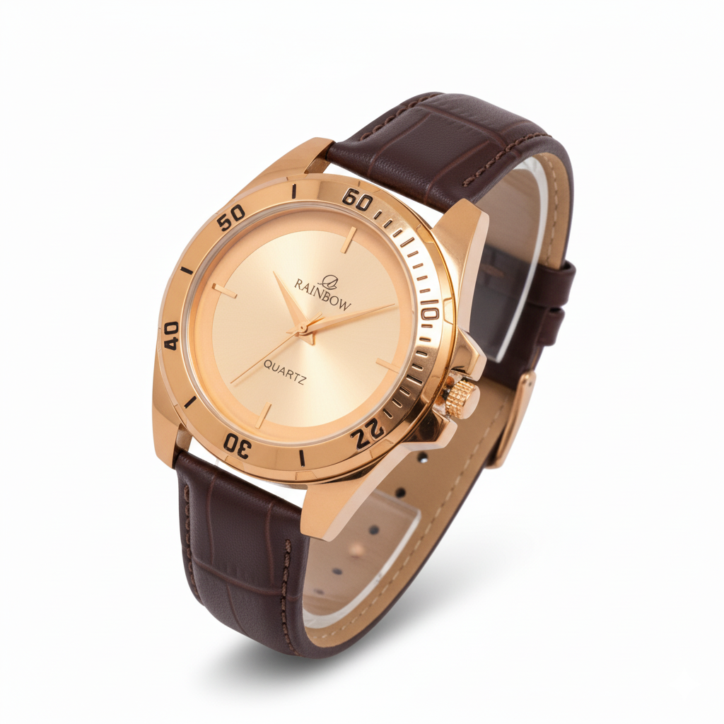 Rainbow Premium Men’s Gold Dial Brown Leather Strap Watch